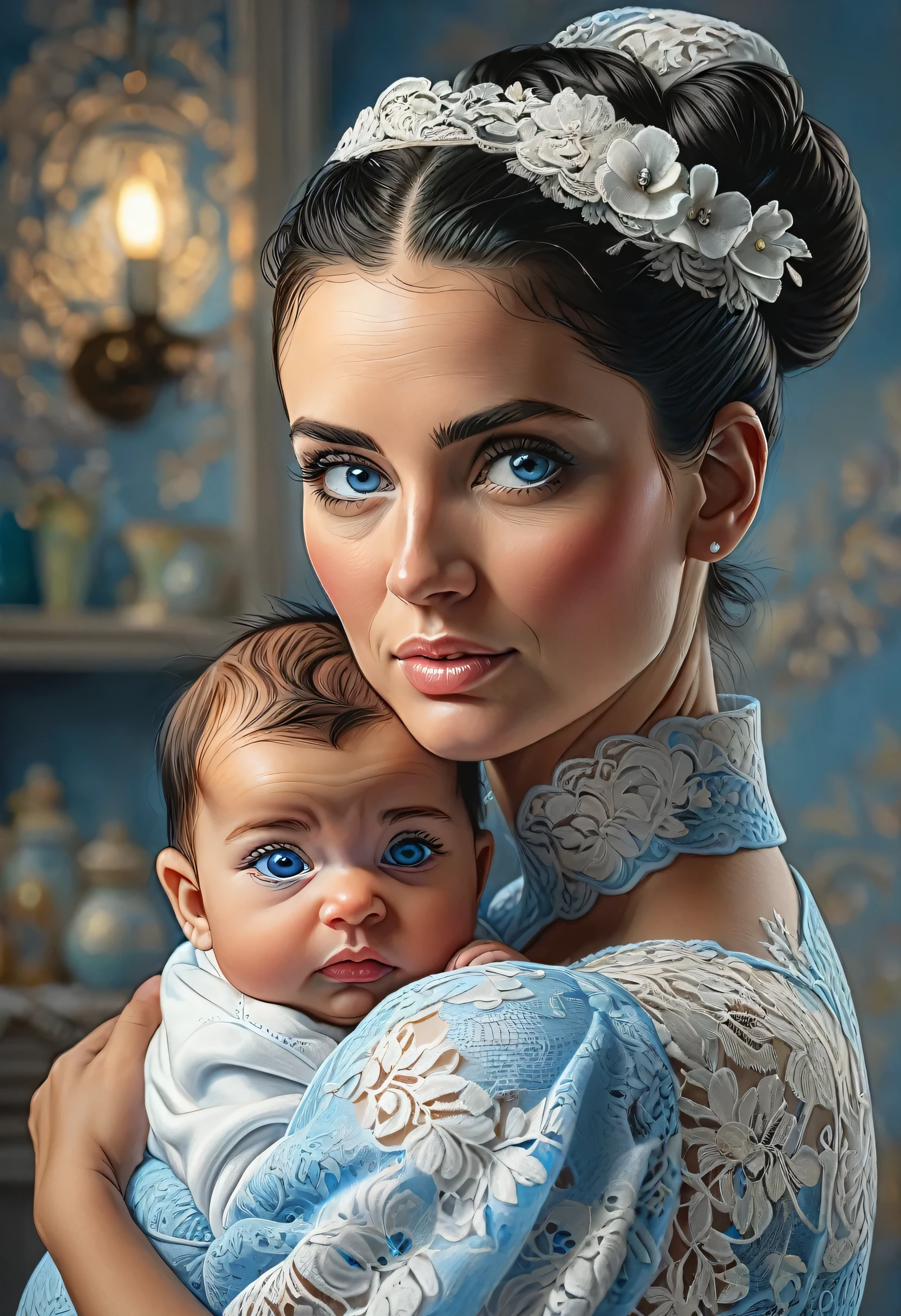 Arafed, high details, best quality, 16k, [ultra detailed], masterpiece, best quality, (extremely detailed), a ((facial portrait of woman:1.5)), holding a baby, black hair, in a bun, blue eyes, there is tear rolling from her eyes, she is looking yearningly with great love at her newborn baby, soft light, high details, best quality, highres, lace drawing,