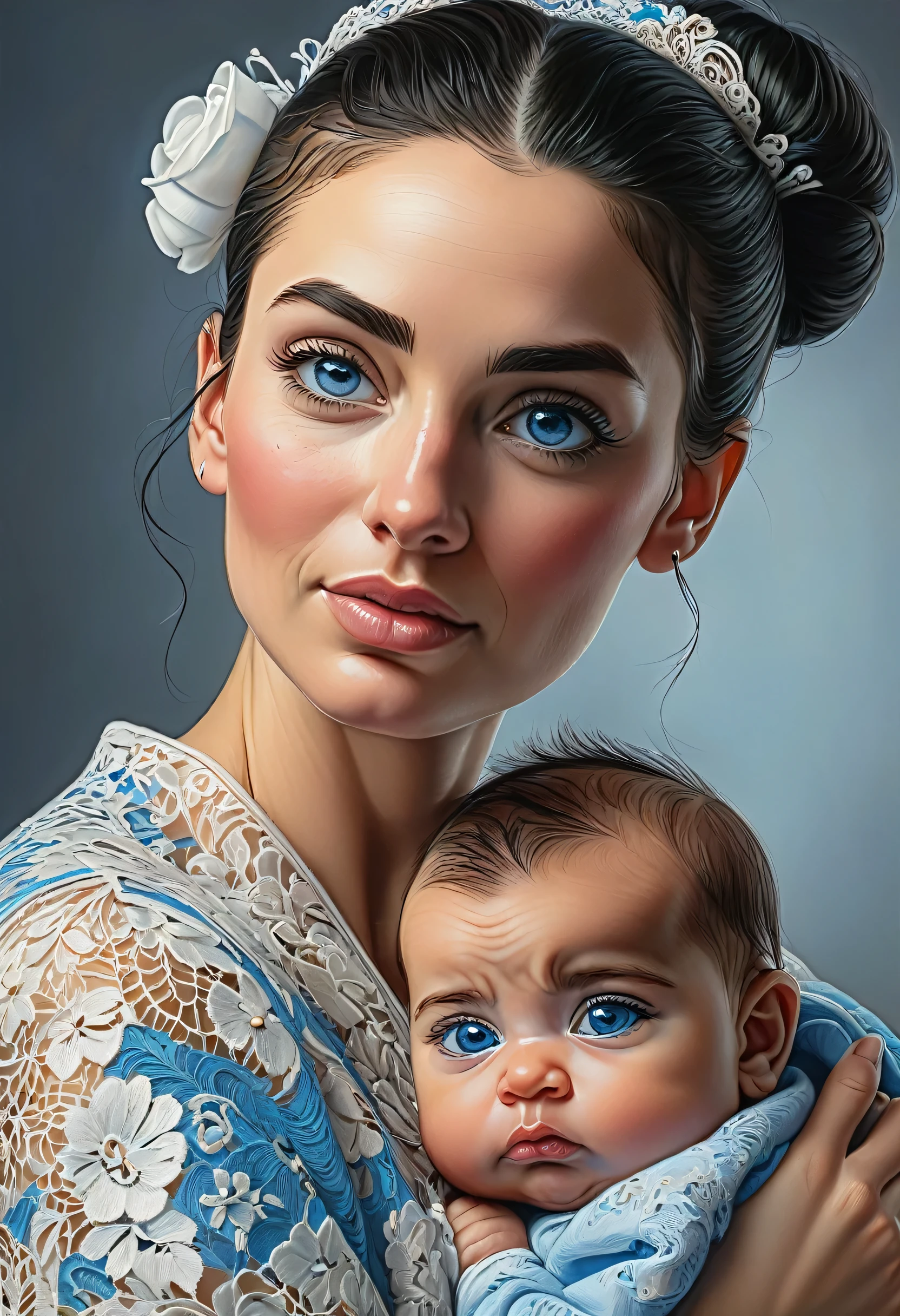 Arafed, high details, best quality, 16k, [ultra detailed], masterpiece, best quality, (extremely detailed), a ((facial portrait of woman:1.5)), holding a baby, black hair, in a bun, blue eyes, there is ((tear: 1.4)) rolling from her eyes, she is looking yearningly with great love at her newborn baby, soft light, high details, best quality, highres, lace drawing,