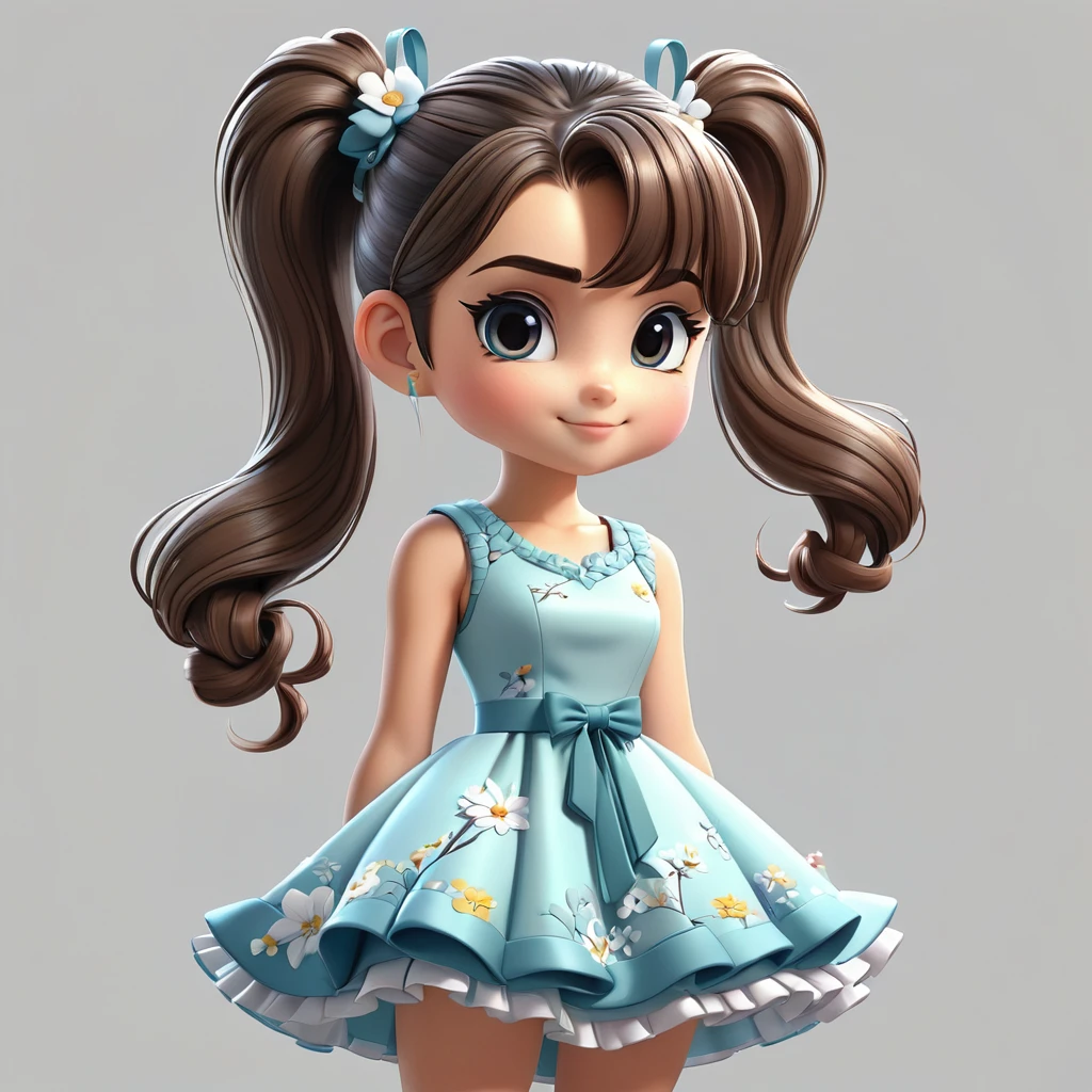 Drawing of a young woman with ponytail and sundress, cute 3d rendering, cute detailed digital art, mini cute girl, cute digital painting, 3d rendering stylized, cute digital art, cute rendering 3d anime girl, little curve , cute! C4D, a single character full body, standing on a white base