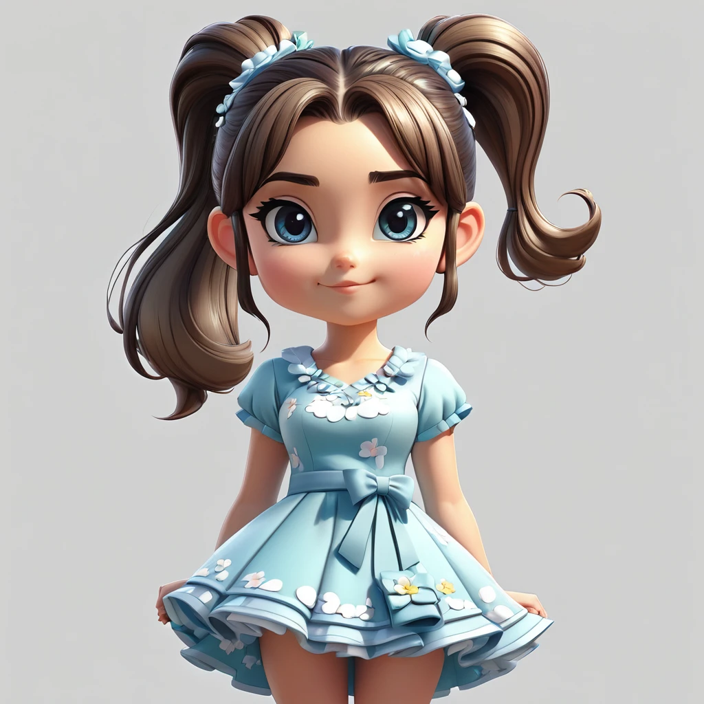 Drawing of a young woman with ponytail and sundress, cute 3d rendering, cute detailed digital art, mini cute girl, cute digital painting, 3d rendering stylized, cute digital art, cute rendering 3d anime girl, little curve , cute! C4D, a single character full body, standing on a white base