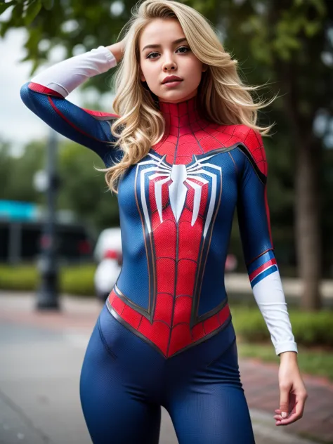 18yo girl，white spider-man suit，short and wavy hair，blondehair，beautifulface，lluvia，teto，the masterpiece，exquisite detailing，per...