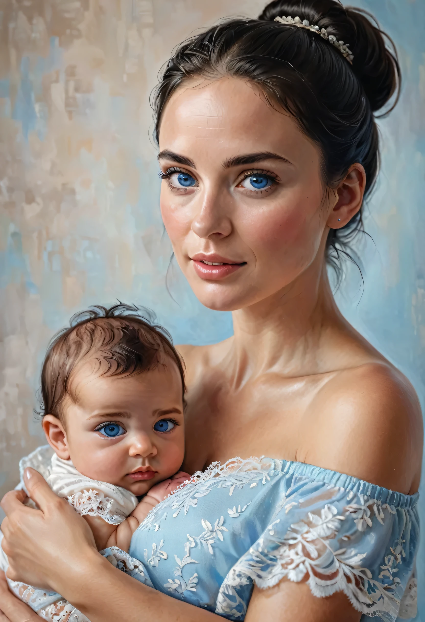 Arafed, high details, best quality, 16k, [ultra detailed], masterpiece, best quality, (extremely detailed), a ((facial portrait of woman:1.5)), holding a baby, black hair, in a bun, blue eyes, there is ((tear: 1.4)) rolling from her eyes, she is looking yearningly with great love at her newborn baby, soft light, high details, best quality, highres, lace drawing,