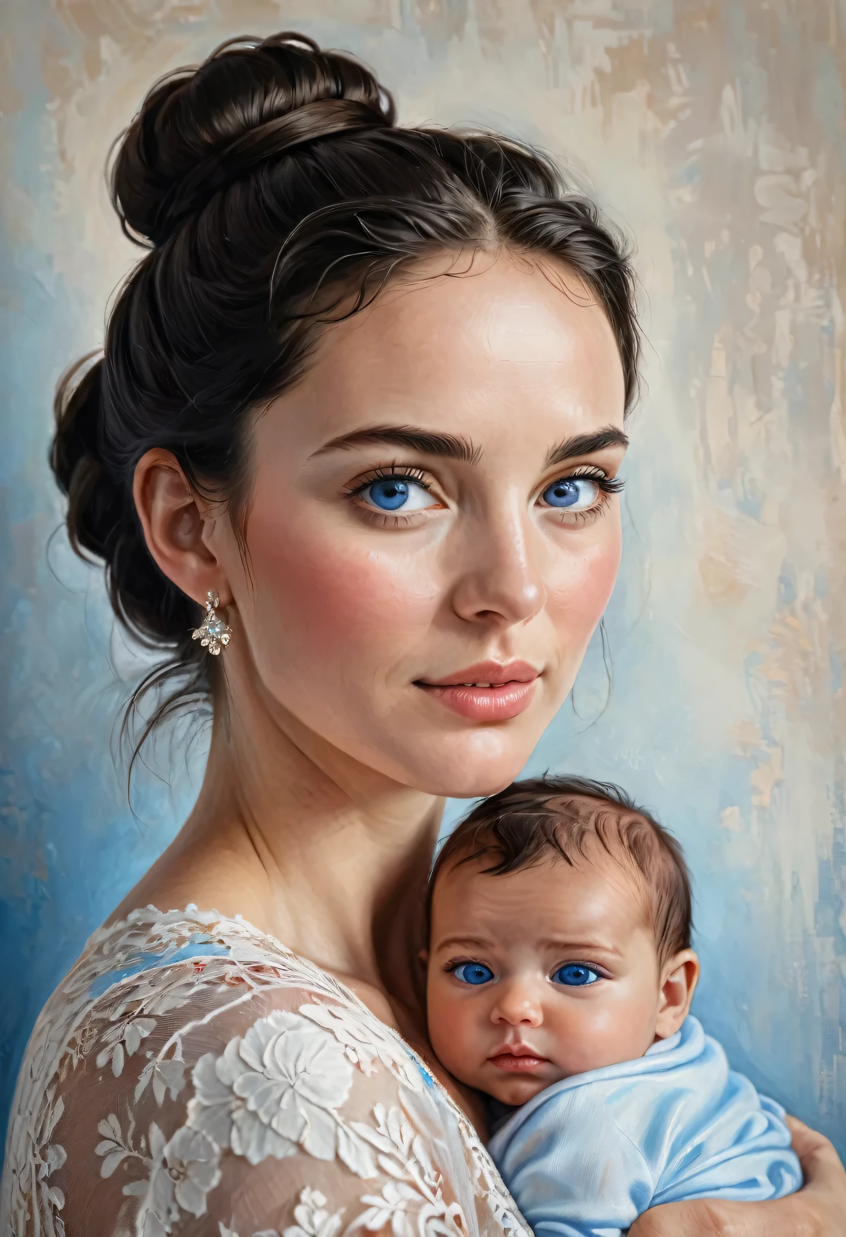 Arafed, high details, best quality, 16k, [ultra detailed], masterpiece, best quality, (extremely detailed), a ((facial portrait of woman:1.5)), holding a baby, black hair, in a bun, blue eyes, there is ((tear: 1.4)) rolling from her eyes, she is looking yearningly with great love at her newborn baby, soft light, high details, best quality, highres, lace drawing,