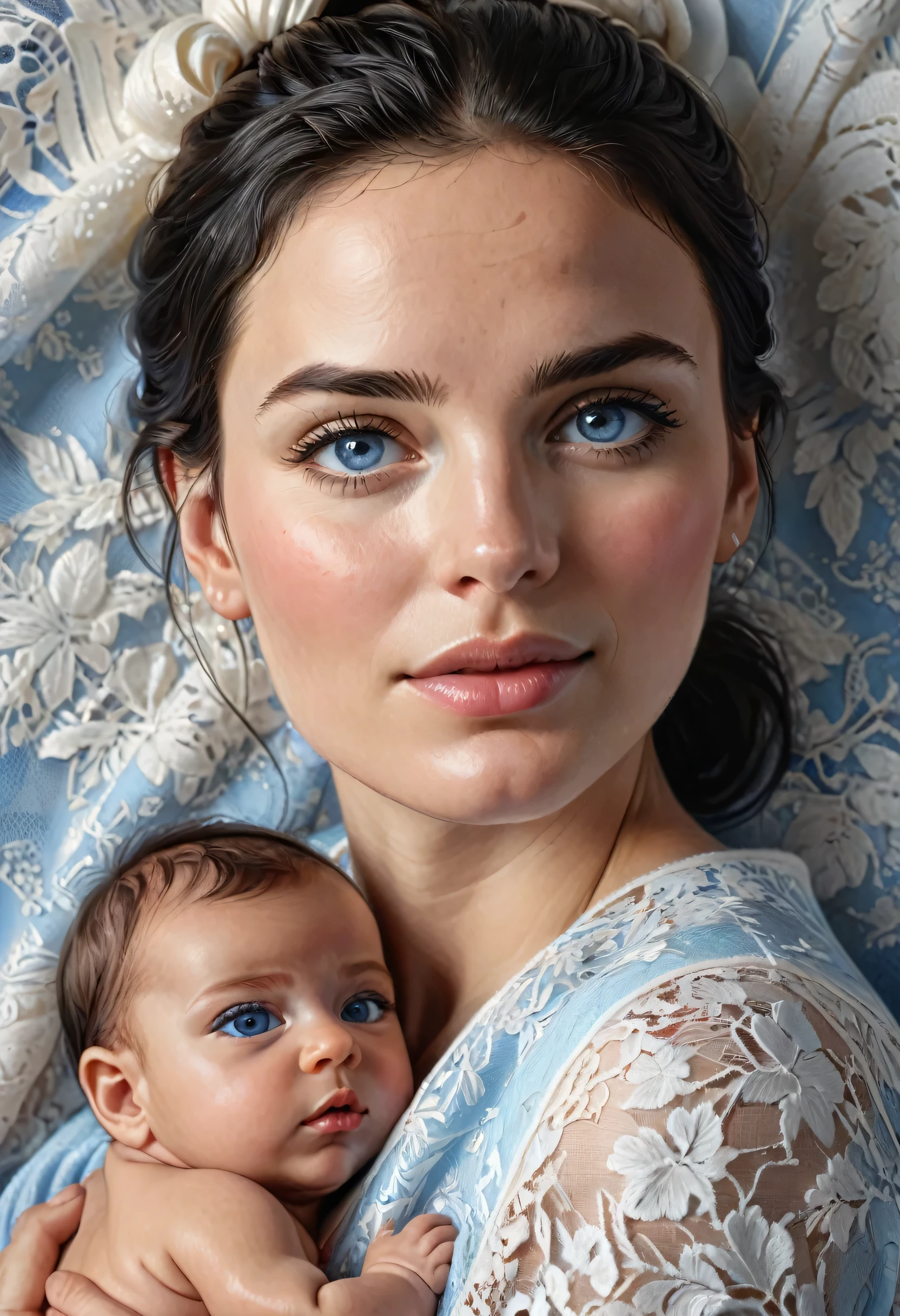 traditional watercolor painting, Arafed, high details, best quality, 16k, [ultra detailed], masterpiece, best quality, (extremely detailed), a ((facial portrait of woman:1.5)), holding a baby, black hair, in a bun, blue eyes, there is ((tear: 1.4)) rolling from her eyes, she is looking yearningly with great love at her newborn baby, soft light, high details, best quality, highres, lace drawing,