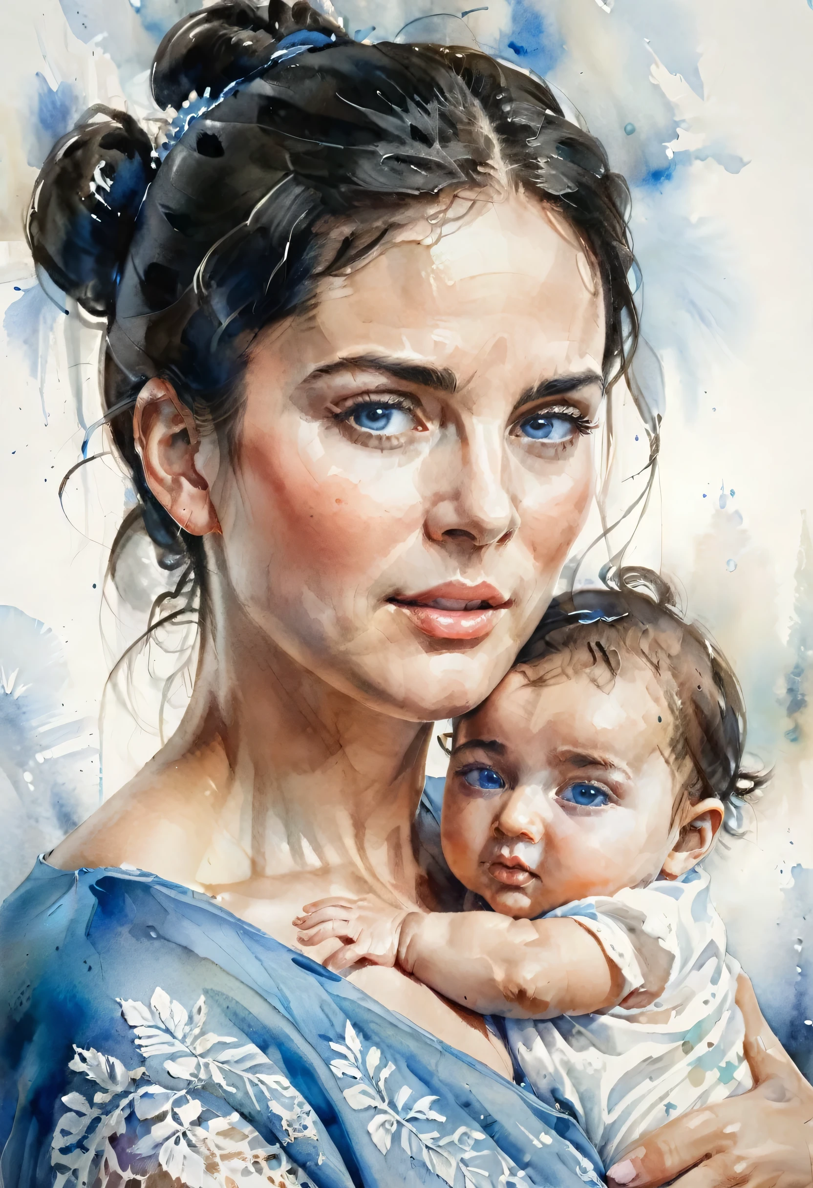 traditional watercolor painting, Arafed, high details, best quality, 16k, [ultra detailed], masterpiece, best quality, (extremely detailed), a ((facial portrait of woman:1.5)), holding a baby, black hair, in a bun, blue eyes, there is ((tear: 1.4)) rolling from her eyes, she is looking yearningly with great love at her newborn baby, soft light, high details, best quality, highres, lace drawing,