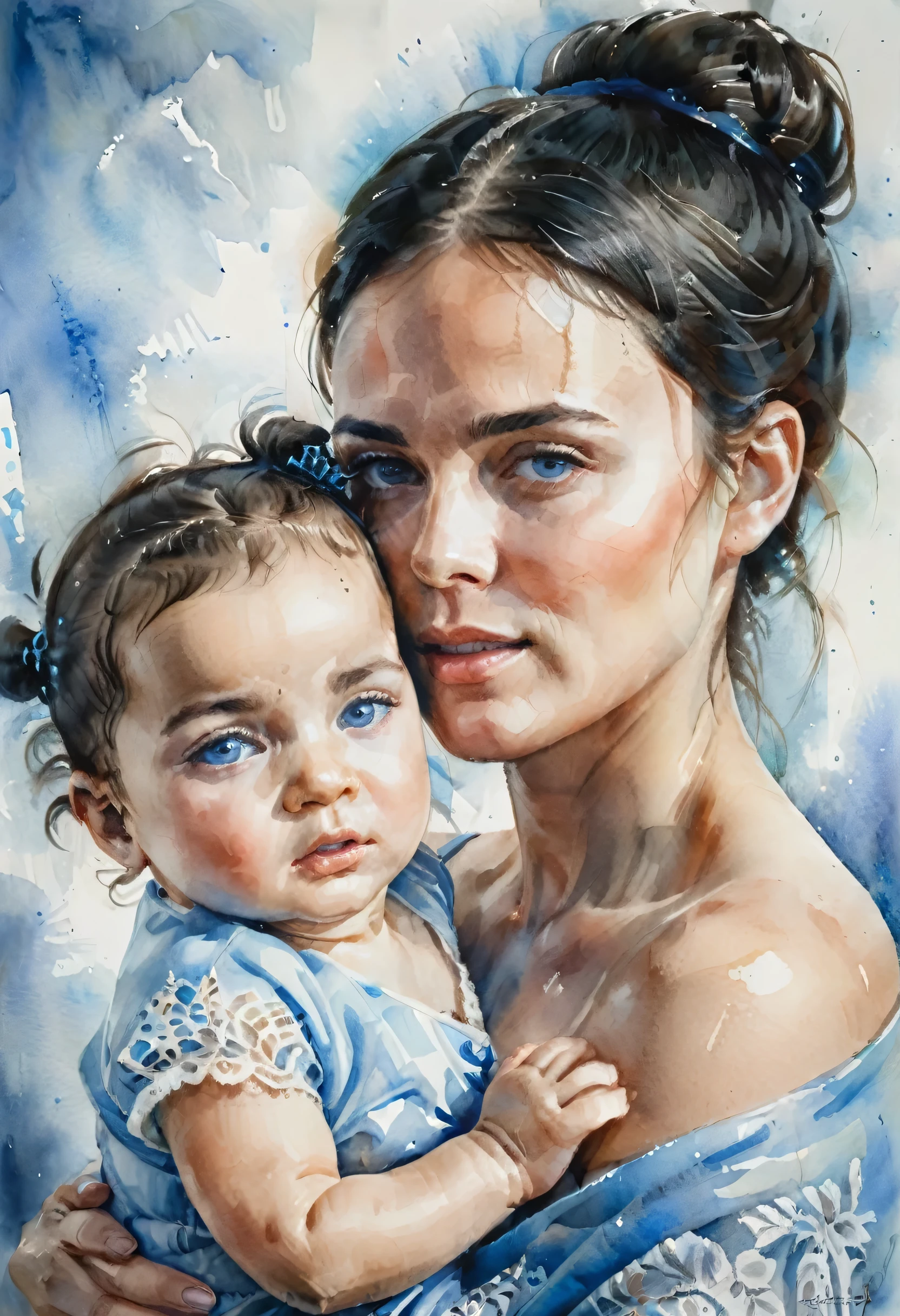 traditional watercolor painting, Arafed, high details, best quality, 16k, [ultra detailed], masterpiece, best quality, (extremely detailed), a ((facial portrait of woman:1.5)), holding a baby, black hair, in a bun, blue eyes, there is ((tear: 1.4)) rolling from her eyes, she is looking yearningly with great love at her newborn baby, soft light, high details, best quality, highres, lace drawing,