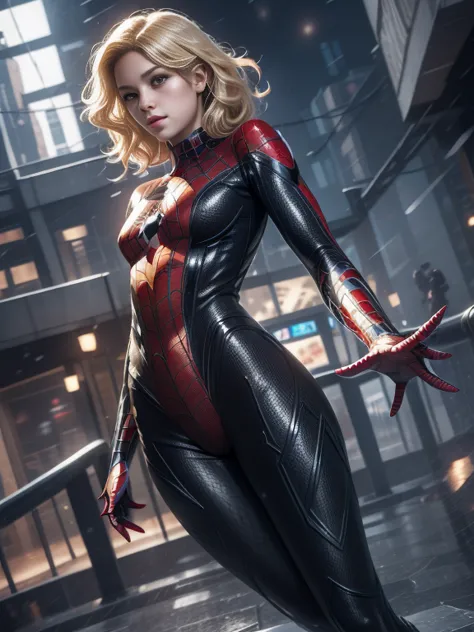 18yo girl，white spider-man suit，short and wavy hair，blondehair，beautifulface，lluvia，teto，the masterpiece，exquisite detailing，per...