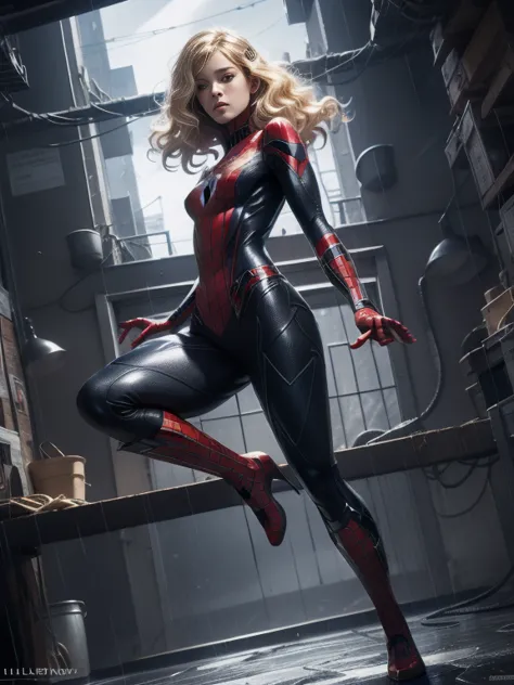 18yo girl，white spider-man suit，short and wavy hair，blondehair，beautifulface，lluvia，teto，the masterpiece，exquisite detailing，per...