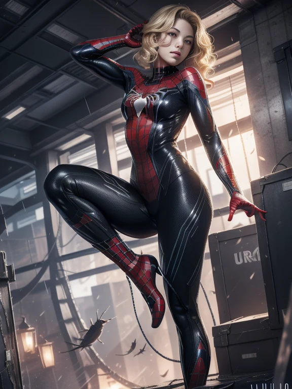 18yo Girl，White Spider-Man suit，short and wavy hair，blondehair，beautifulface，lluvia，teto，The Masterpiece，exquisite detailing，Perfect anatomy，best qulity，ultra-highresolution，4k, Full body Shot
