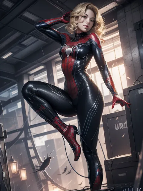 18yo girl，white spider-man suit，short and wavy hair，blondehair，beautifulface，lluvia，teto，the masterpiece，exquisite detailing，per...