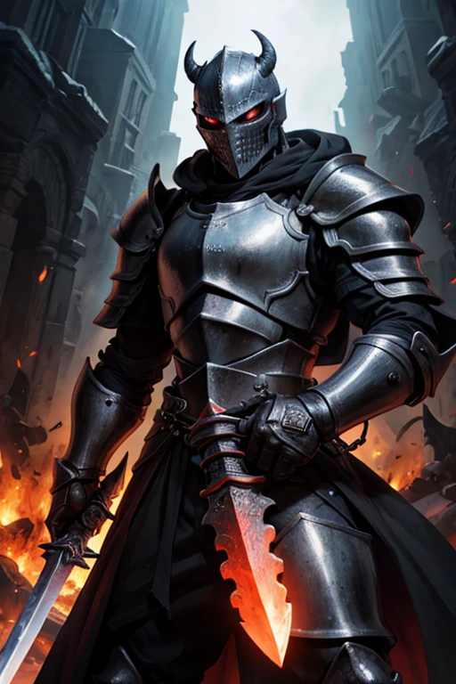 Un caballero del infierno, en Black Armor, con una espada de fuego en la mano