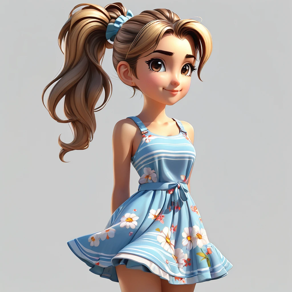 Drawing of a young woman with ponytail and sundress, cute 3d rendering, cute detailed digital art, mini cute girl, cute digital painting, 3d rendering stylized, cute digital art, cute rendering 3d anime girl, little curve , cute! C4D, a single character full body, standing on a white base