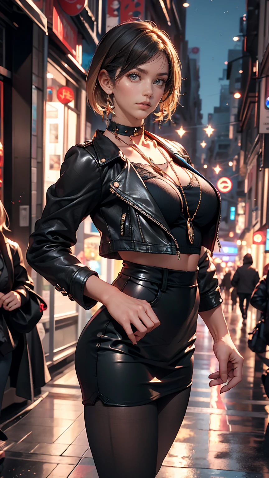 Beautiful 2 woman, Black Hair, Bobcut, blue eyes, Big Breasts, Shiny Hair, Choker on neck, leather jacket, With San Francisco in the background, transformation, Evil Aura, night, Earrings, Fishnet tights, detailed, masterpiece, High resolution, (Perfect hands).