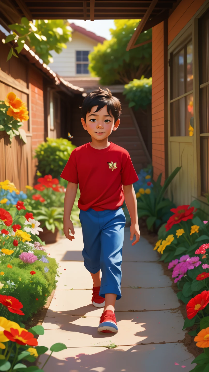 Realistic portrait of a seven-year-old boy, He wears a red shirt , Short blue pants . His face is childish and exploratory . Walking around the house garden , He wanders between the dirt lanes , Smell the colorful and beautiful flowers , Insects hovering around the flowers