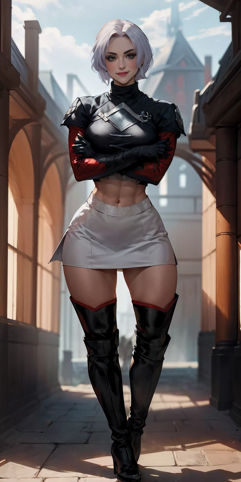 (((1 girl))) short hair, earings ,glossy lips ,team rocket uniform, red letter R, white skirt, white crop top, black thigh-high boots, black elbow gloves, evil smile, looking at viewer, cowboy shot, arms crossed, full body photo Mercedes von Martritz (Fire Emblem: Three Houses)