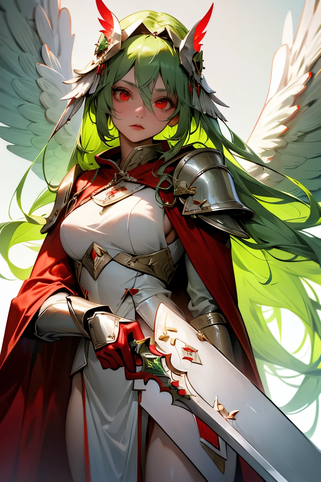 Woman, long green hair, red eyes, two small wings adorning her head, white full armor, heavy armor covering her entire body cataphracts style, red cape, fearlessness, holding a shining spear, legendary character, natural lipstick.