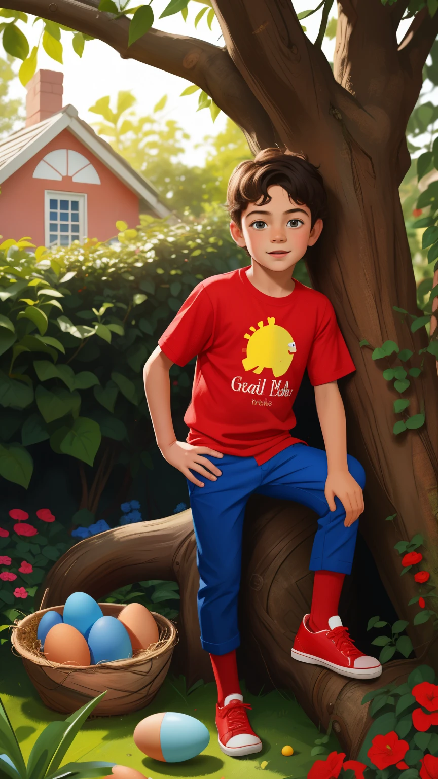 Realistic portrait of a seven-year-old boy, He wears a red shirt , Short blue pants . His face is childish and exploratory . The spacious garden of the house, Get close to a tree , A nest with some eggs