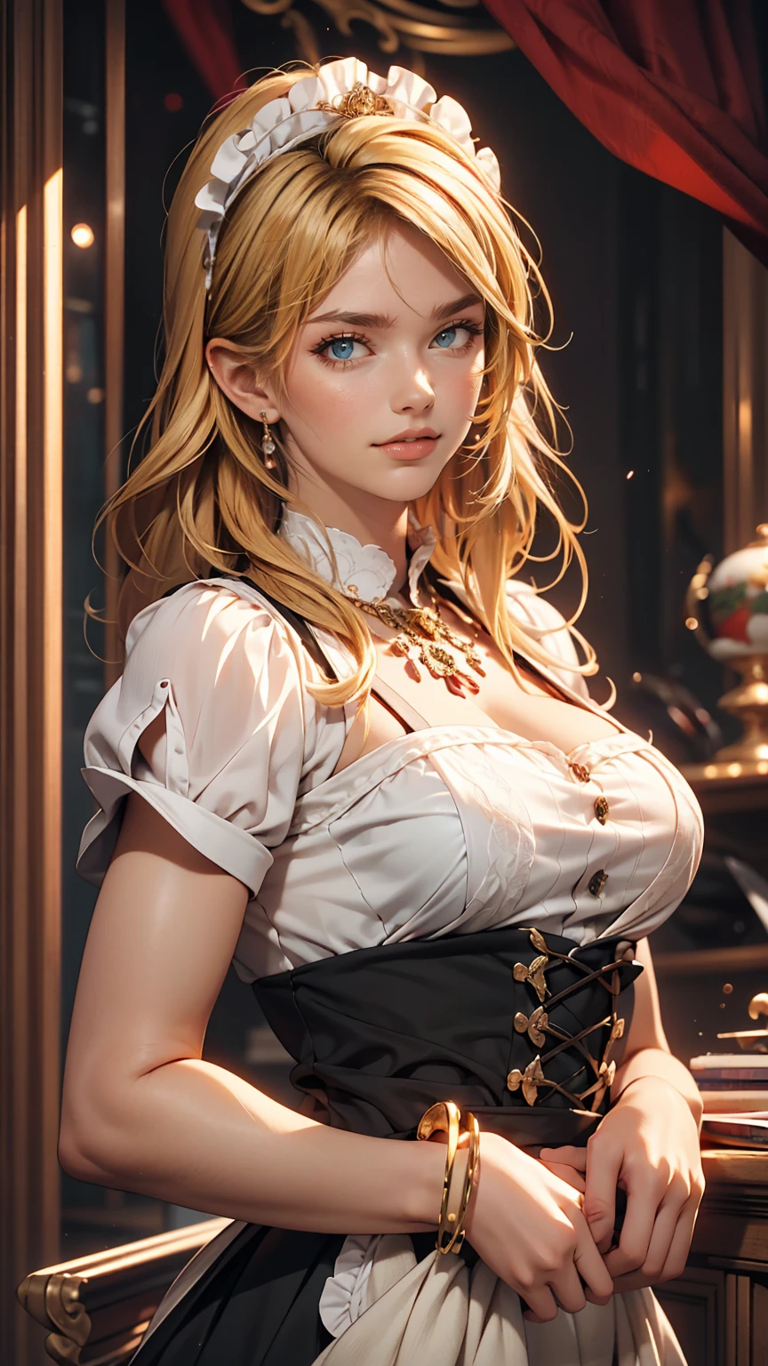 18 year old beautiful girl, Big eyes, Big Breasts, Small and slim, 8k, highest quality, (Highly detailed head: 1.0), (Highly detailed face: 1.0), (Very fine hair: 1.0), Maid clothes, Highly detailed official artwork, Anime Moe Art Style, Beautiful and detailed anime art, smile, Blonde, Sleek Long Hair