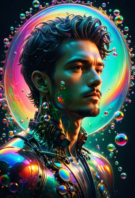 Viscous liquids，Portrait of a man made of colorful metal，Machine Gear，Neon Gradient，（Soaring colorful bubbles，Vaporwave：1.37），（L...