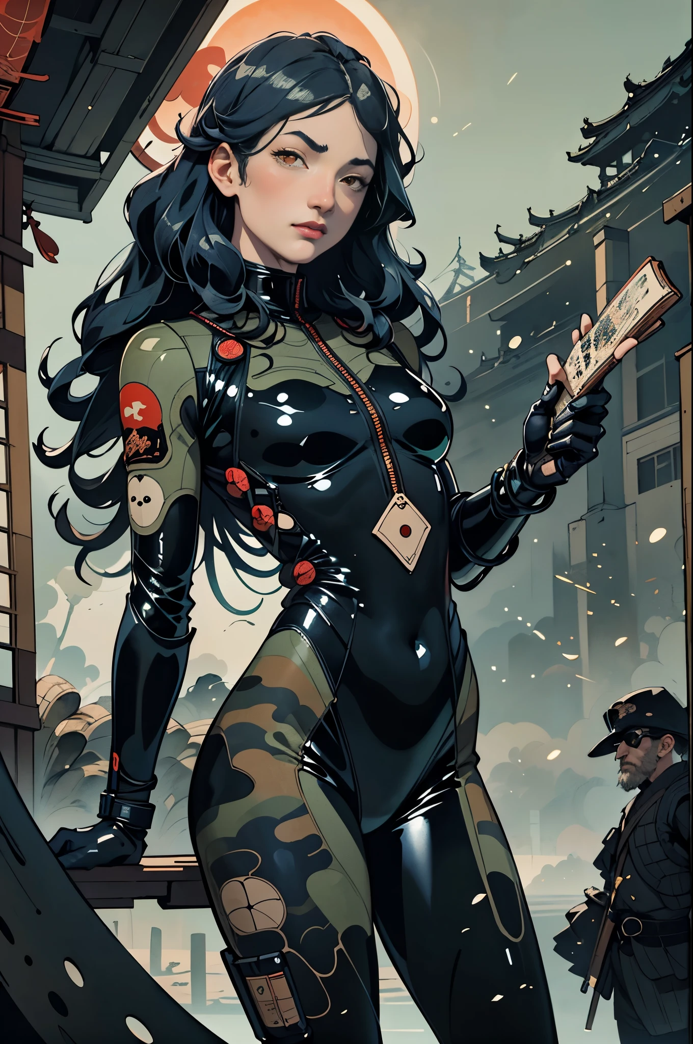 (Ukiyo-e:1.9)、woodblock print、Cute Ukiyo-e、otherscape、(Cowboy Shot:1.4)、A gorgeous female cyborg in heavy armor、Cyberpunk Mercenary、(Camouflage Tactical Latex Bodysuit:1.6)、Tactical Helmet、Military Goggles、High Resolution Assault Rifle、Dark and gloomy lighting、Dystopian sci-fi setting、Structure of the film、Dramatic camera angles、Chiaroscuro lighting、Metallic texture、bioluminescent details、Shiny technical parts、Exquisite mechanical details、Dark color palette、Dramatic Shadows、Dynamic pose、Powerful expression
