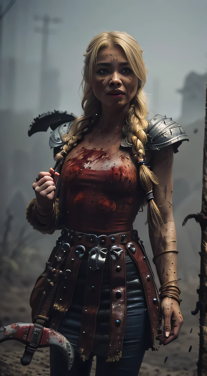 photorealistic  portrait shot in the style of Zak Noyle. Very rainy day, lots of fog, astridWaifu,(long hair, blonde, blue eyes, braid:1.2), (armor:1.2), angry face, viking warrior woman))) (((covered in mud, blood))), stained leather bodice,torn clothes,  (((holding an axe))), battlefield background, fog, mist, rain, mud , dust, blood, war, screams, 4k, sharp focus
