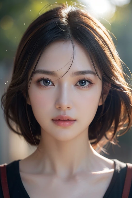 8K, masterpiece, RAW photos, best quality, realistic, extremely detailed CG unity 8K wallpaper, depth of field, cinematic light, lens flare, ray tracing, (very beautiful face, beautiful lips, beautiful eyes), A face with intricate details, ((highly detailed skin)) 1girl mid shot、Beautiful woman looking at camera、Chris Foss&#39;s off-the-shoulder sweater fall glow、street corner in autumn、Maple、summer city landscape background, split.