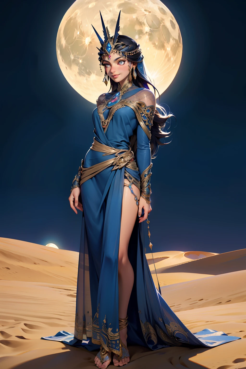 A woman in a blue dress standing in the desert with a full moon behind ...