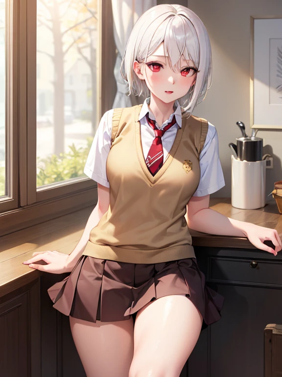 (masterpiece, best quality:1.2), 1girl, Alice Nakiri, white hair,short hair,asymmetrical hair,red eyes,slant eyes,half open eyes,sweater vest, beige vest, , white shirt, red necktie, pleated skirt, (brown skirt), thighs
