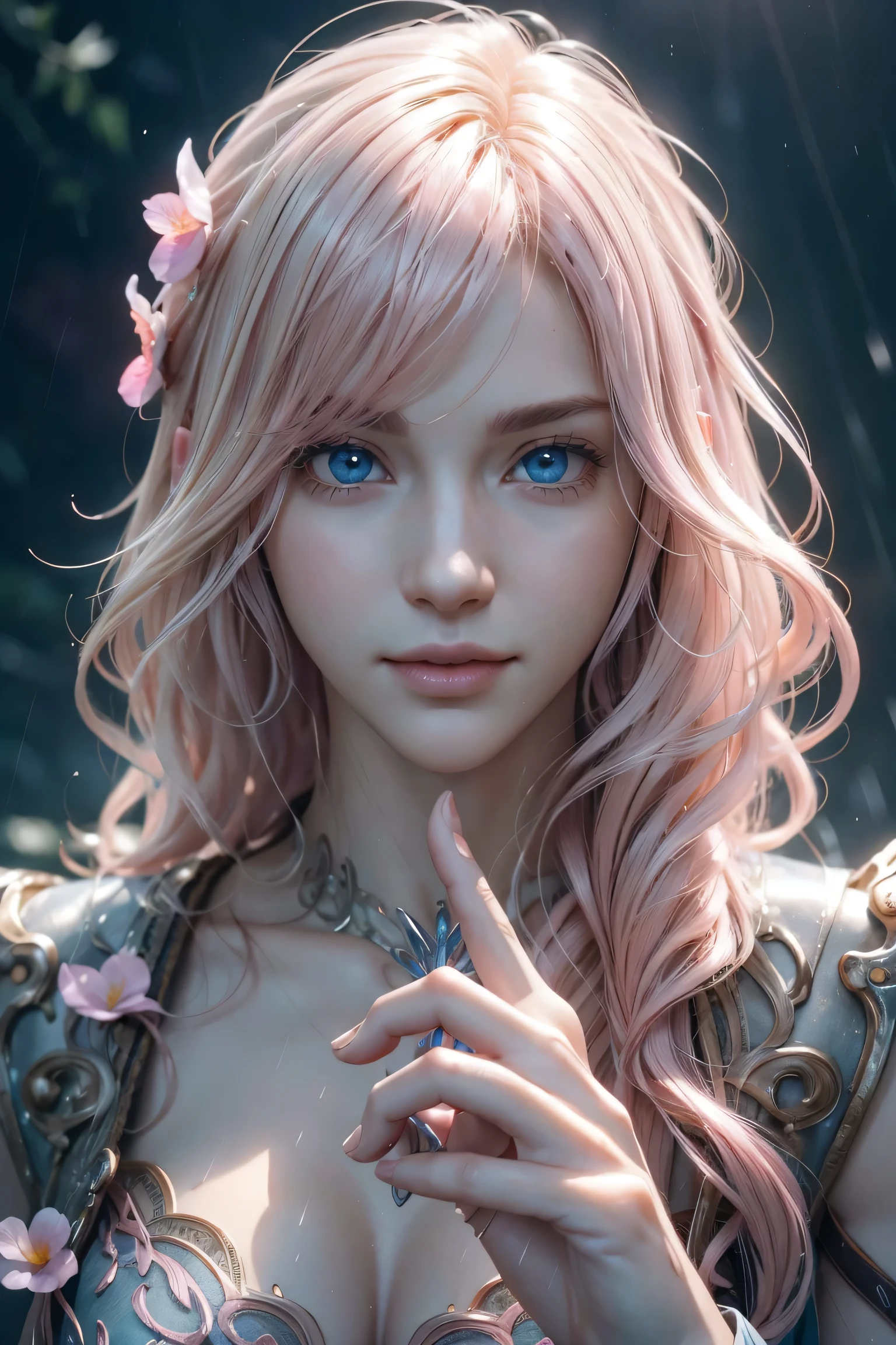 Thunder,Final Fantasy,Pink Blonde,Medium Hair,Lightly permed hair,Curly hair on one side,Let your bangs down,Beautiful Blue Eyes,Beautiful and tall nose,Ultra HD,super high quality,masterpiece,Digital SLR,Photorealistic,Detailed details,Vivid details,Depicted in detail,A detailed face,Detailed details,Super Detail,Realistic skin texture,Anatomical basis,Perfect Anatomy,Anatomically correct hand,Anatomically correct fingers,Complex 3D rendering,Sexy pose,,Beautiful morning glory(flower),Rainy Sky,Beautiful scenery,Fantastic rainy sky,Picturesque,Pink Lips,smile,Fantastic butterflies々,