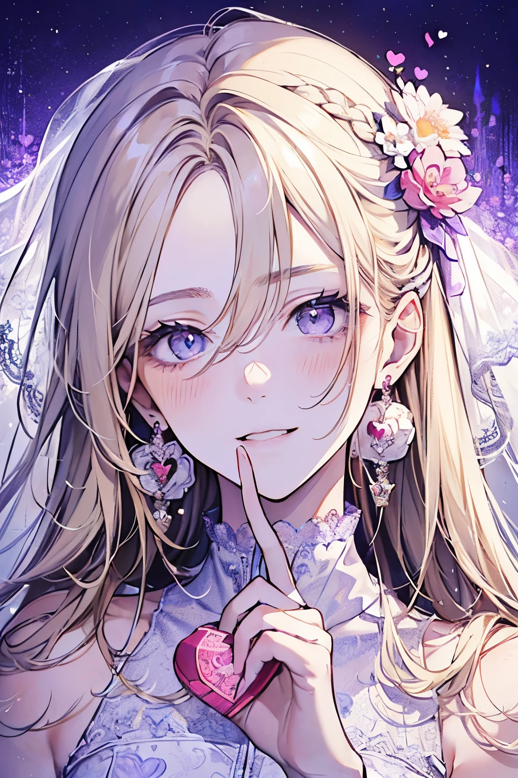 ((17years old man:1.3)), masterpiece, best quality, braid hair,blonde hair, (half up and half down hair:1.1),(portrait),white wedding dress,(pop and cute flower pattern background), (perfect hand),(light purple,white),looking front,((Large and gorgeous earrings:1.1)),(kiss me:1.35),((upper body)),((heart:1.2)),(hand to own mouth),(blush:1.3),smile