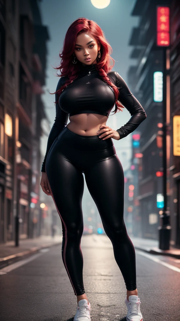 (Black girl)1girl, solo, red hair, black eyes, long hair, sharp nose, reddish mouth, fair skin, blush, (large_breasts), (large_butt), black legging pants, pants with red stripe on the side, black long sleeve legging shirt, black sneakers, eye-catching lips, shonen style. 
Scenery: night, moonlight, full moon, road, neon colors, distinct colors, (thin face), (sharp focus), (((masterpiece))), (detailed clothing:1.3), (detailed body:1.2), (perfect face), (perfect nose), (perfect eyes).