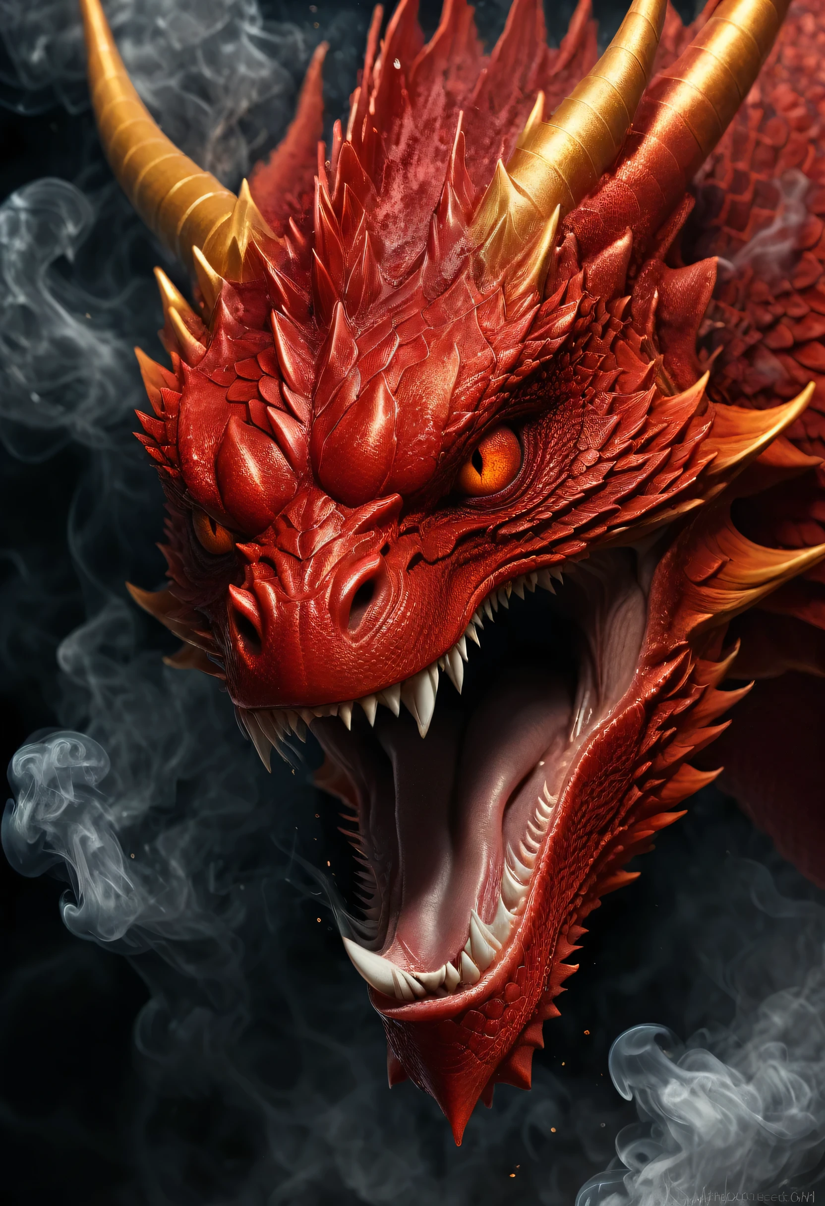 Arafed, high details, best quality, 16k, [ultra detailed], masterpiece, best quality, (extremely detailed), a  close up look oכ a red dragon head, the dragon is up close and personal, smoke coming from nostrils , fire in his reptilian eyes, eyes, a sense of impending doom, danger, dynamic light, dark cave background, high details, best quality, highres, faize, 3D rendering, Smoke_XL