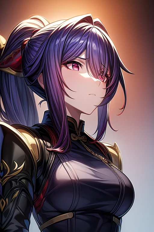 (masterpiece, best quality, perfect face, expressive eyes), 1girl, (anime), (adult), ponytail, red eyes, ((blue hair)), chinese armor, small breasts, 