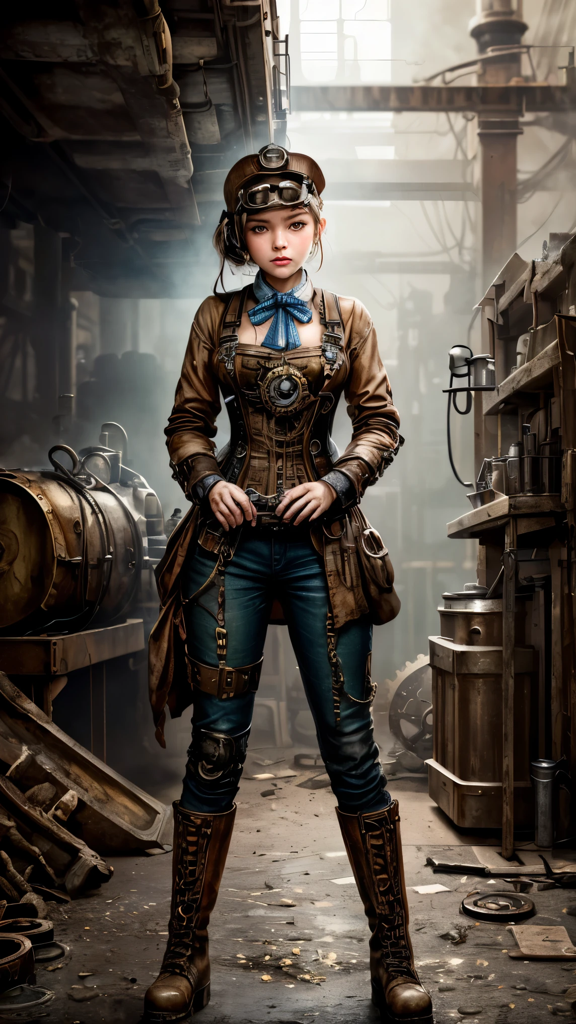 (Best quality, 4k, Masterpiece :1.3), 1girl, (steampunk), scenery, steampunk room engine, repairing engine, gears, cogs, steam, boots, overalls, goggles, dirty face, standing, machinery, oil on floor, dirty floor
