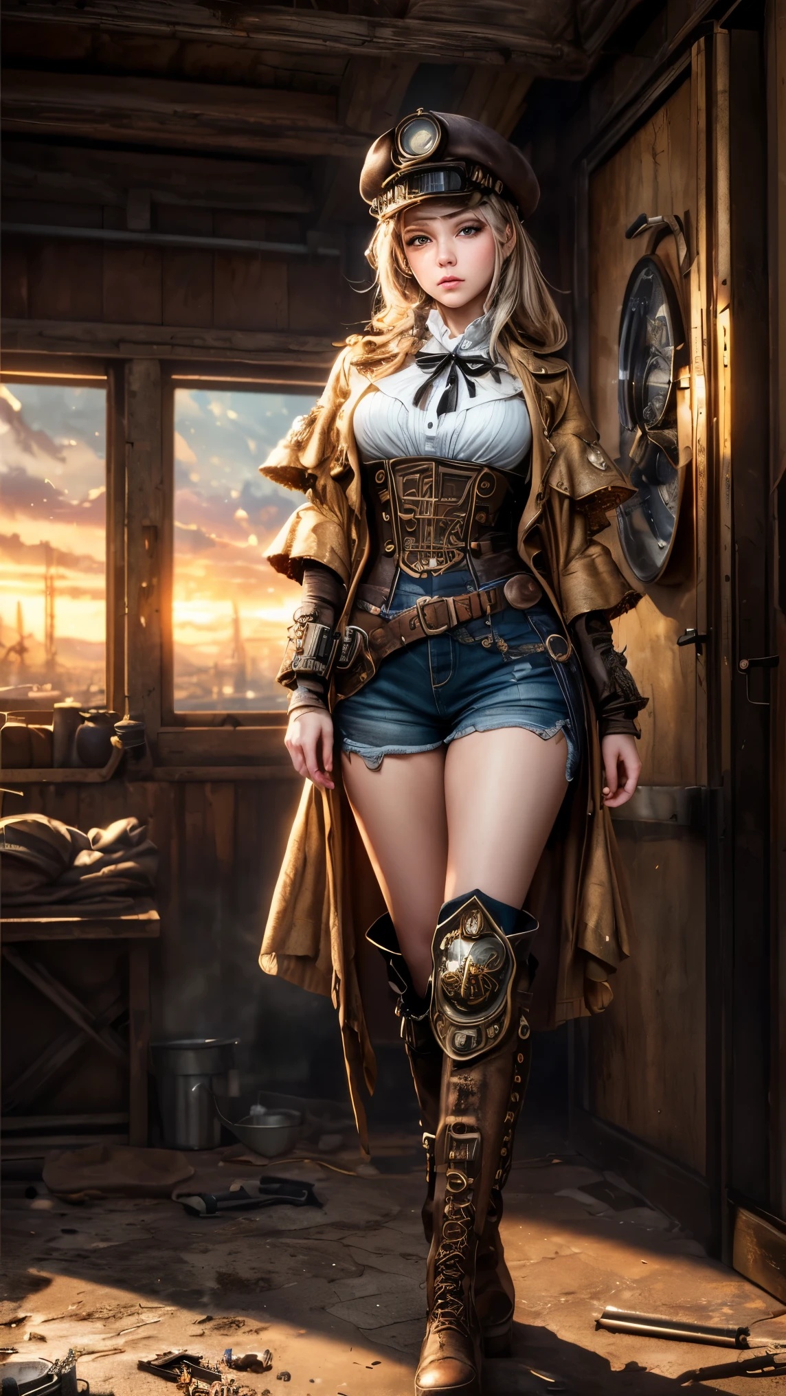 (Best quality, 4k, Masterpiece :1.3), 1girl, (steampunk), scenery, steampunk room engine, repairing engine, gears, cogs, steam, boots, overalls, goggles, dirty face, standing, machinery, oil on floor, dirty floor, character focus, (golden hour lighting), ray tracing, Super realistic photographic cinematic image 8K ULTRA HD HDR, magical photography, super detailed, (ultra detailed), (top quality, best quality, super high quality image, masterpiece), standard lens,  dramatic lighting, 8k, UHD, intricate detail, (gradients), comprehensive cinematic, colorful, visual key, highly detailed, extreme detailed, hyper-realistic, (very detailed background, detailed landscape), delicate details, raw image, dslr, 
