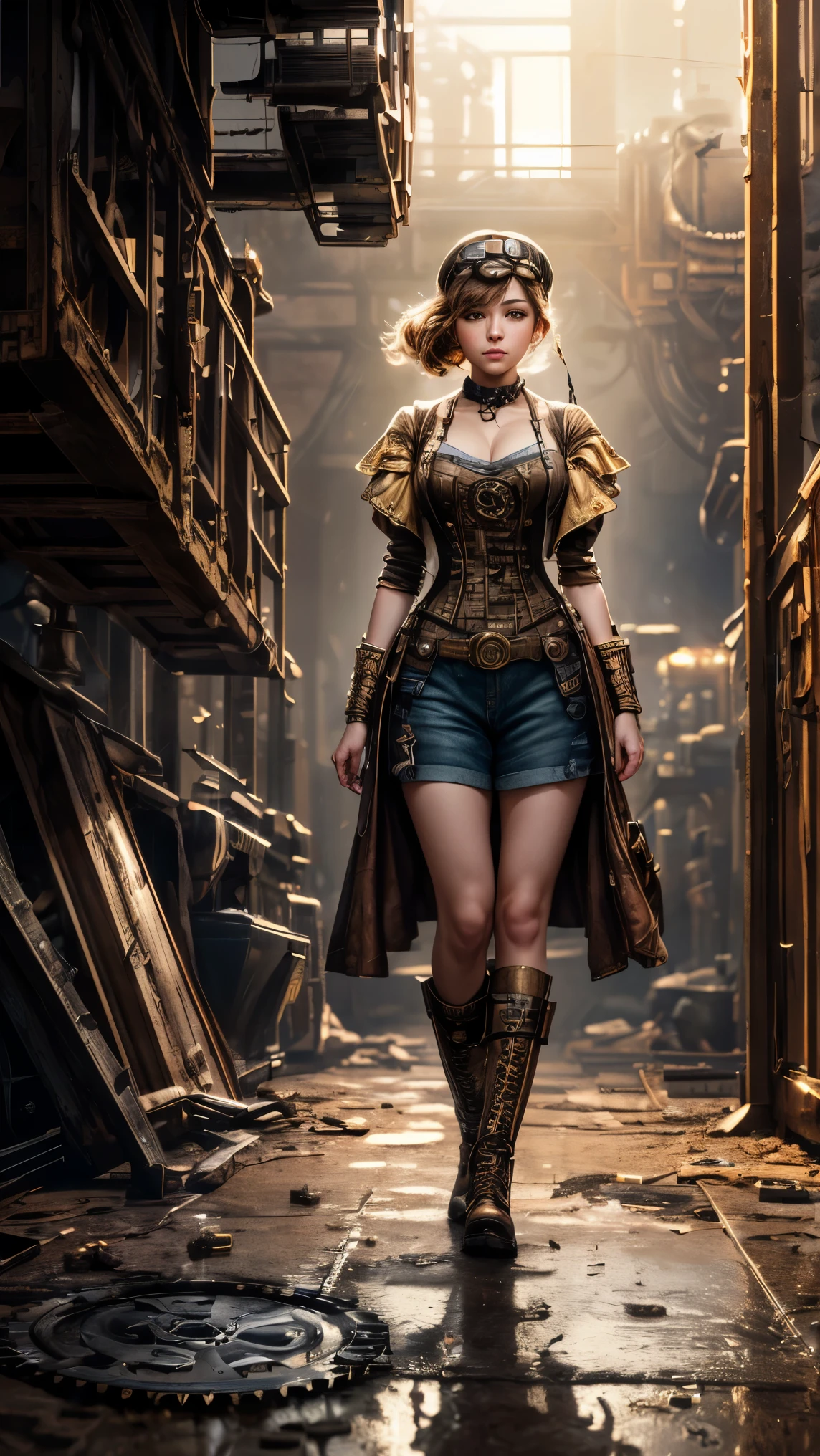 (Best quality, 4k, Masterpiece :1.3), 1girl, (steampunk), scenery, steampunk room engine, repairing engine, gears, cogs, steam, boots, overalls, goggles, dirty face, standing, machinery, oil on floor, dirty floor, character focus, (golden hour lighting), ray tracing, Super realistic photographic cinematic image 8K ULTRA HD HDR, magical photography, super detailed, (ultra detailed), (top quality, best quality, super high quality image, masterpiece), standard lens,  dramatic lighting, 8k, UHD, intricate detail, (gradients), comprehensive cinematic, colorful, visual key, highly detailed, extreme detailed, hyper-realistic, (very detailed background, detailed landscape), delicate details, raw image, dslr, 
