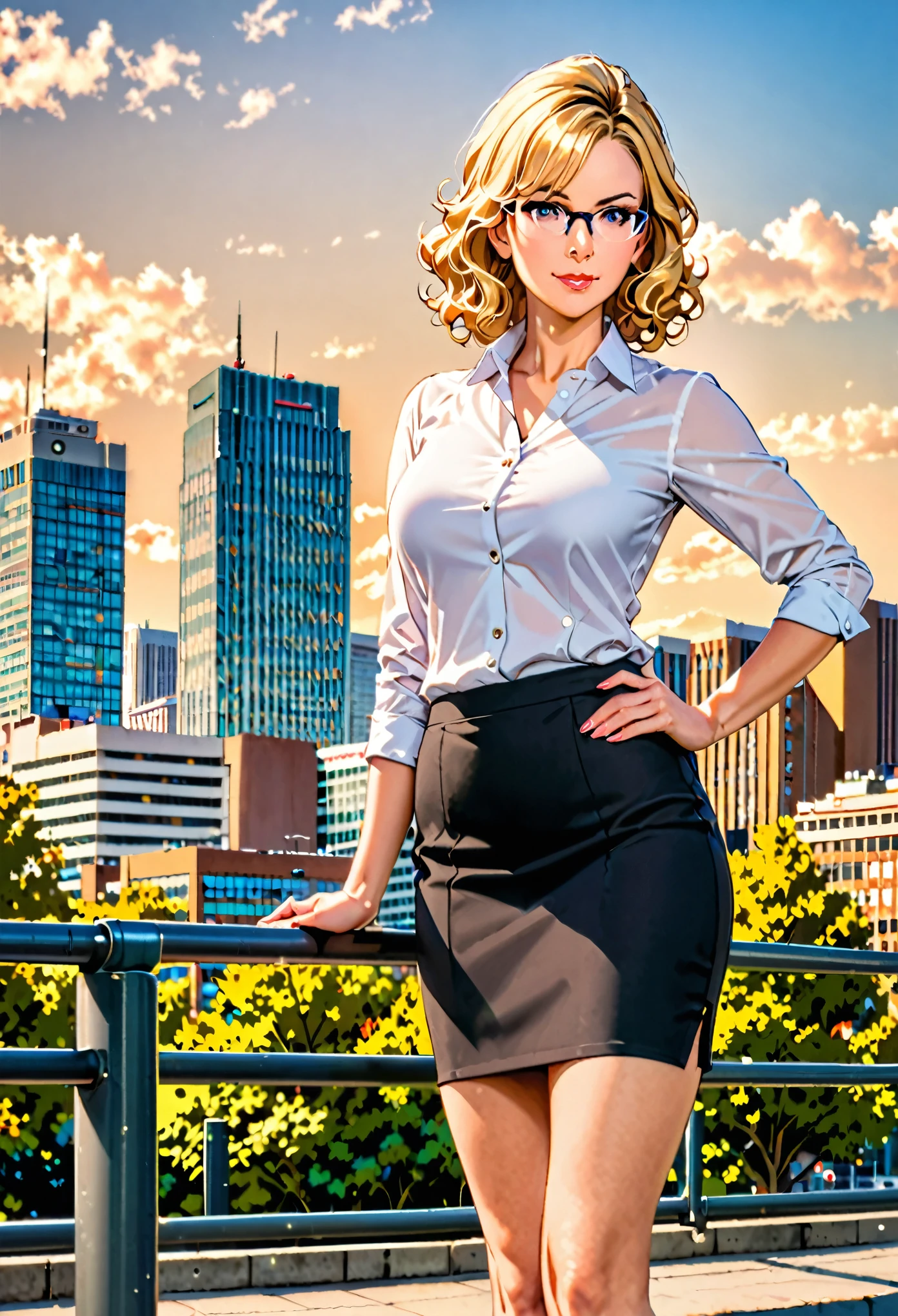 1girl, medium breasts, suit, skirt, pencil skirt, bare legs, glasses, shoes, city backdrop, solo, single, hands on hip, standing, full body shot, cowboy shot, beautiful detailed eyes,  (blonde hair, (short hair, wavy hair)), high school backdrop, outdoors, mature lady, teacher, perfect body, good proportions