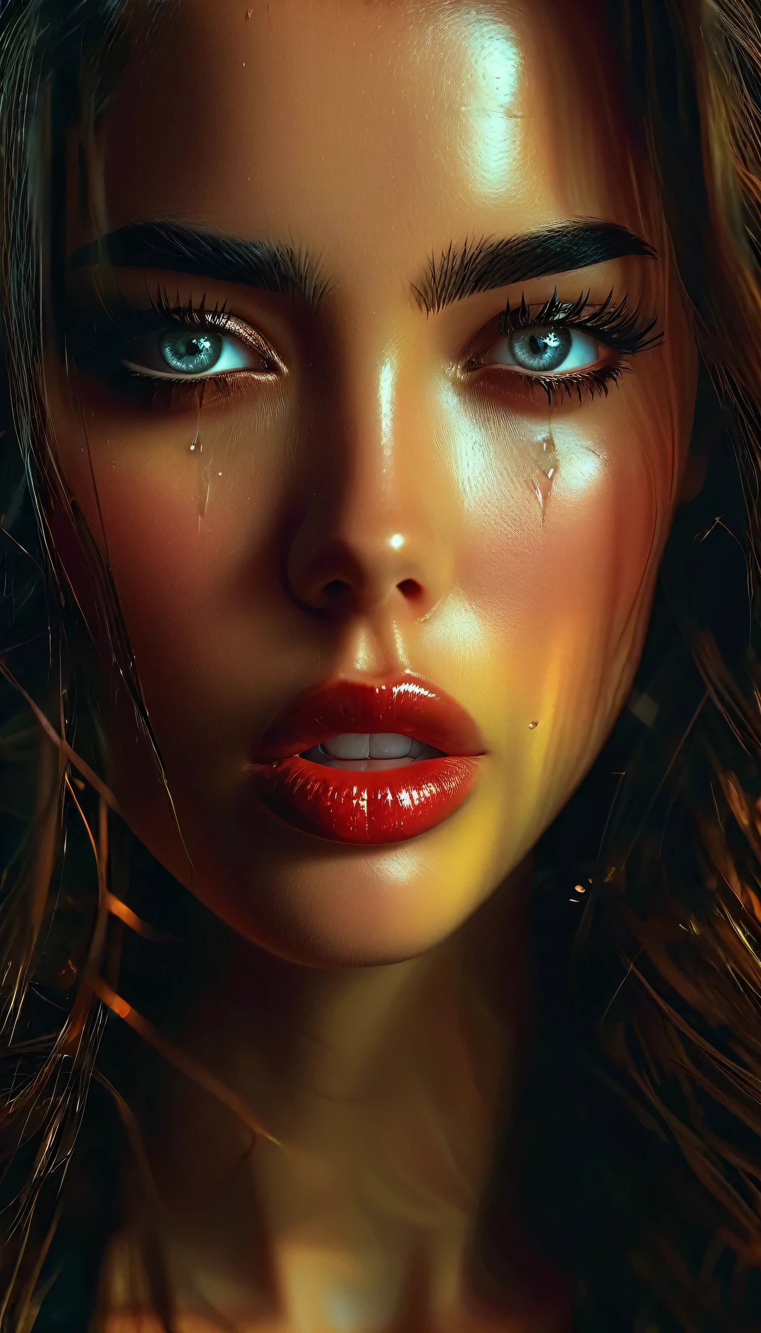 a girl with beautiful detailed eyes, beautiful detailed lips, extremely detailed eyes and face, long eyelashes, realistic, photorealistic, photo-realistic, 4k, 8k, highres, masterpiece, ultra-detailed, realistic lighting, melancholy expression, tears in her eyes, vulnerable, hopeful, dramatic lighting, cinematic, chiaroscuro lighting, moody, emotional, introspective, pensive, isolation, loneliness, fear of the unknown, glimmer of hope, depression, emotional, dramatic, painterly, oil painting, digital art, muted colors, somber colors, dark colors, warm lighting, ray of light, cinematic composition