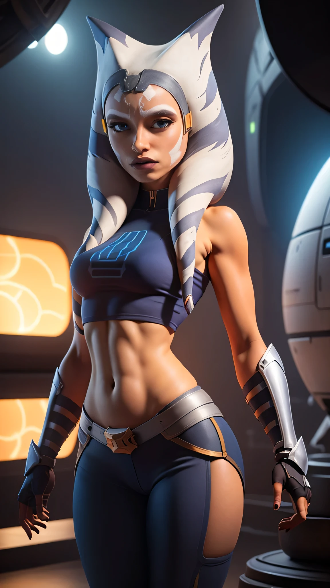  (Full portrait body:1.2), (Rear view of the space city), perfect woman figure, (masterpiece, best quality, ultra-detailed), background The spaceship, extremely detailed eyes, AhsokaTano, shining skin, blue eyes, makeup, (blue crop top), blue shirt, vambraces, fingerless gloves, hip armor, blue skirt, blue leggings, ideal body, out fit top, perfect anatomy, outfit pants