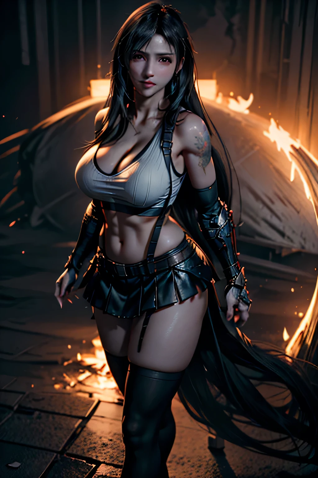  (8k, best quality, masterpiece:1,2), (realistic, photo-realistic:1,37), top quality, masterpiece, a beautiful woman, beautiful and tight body, tight clothes, cleavage, a little tattoo on the chest, a charming smile with dimples Tifa Lockheart long black hair, wearing a black leather pleeted mini skirt and suspenders, full body portrait, thick thighs, toned body,breasts, life like, high definition, high resolution, dynamic pose, delicate face, vibrant eyes, long hair, expressive hair, purple eyes, shy, blush, parted lips, heavy breathing, sparkle, god rays, super detail, high quality, anatomically correct, textured skin, best quality,full body portrait, guweiz on artstation pixiv, photo realism, ultra high detail, rich detail, sensual expression, resolution 4098x2160, 8k white haired deity,cinematic lighting, glowing light, god rays, ray tracing, reflection light, backlighting, blending, drop shadow, 360 view, UHD, masterpiece, ccurate, anatomically correct, super detail, high details, high quality, award winning, best quality, highres, 16k
, ((looking up)), (big boobs), (naked boobs), ((viewer looking down)) sexy in a flower park,
                          