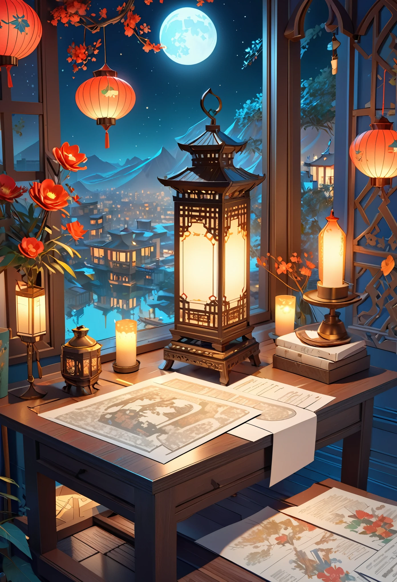 a lantern that is sitting on top of a table, ✨🕌🌙, ash thorp khyzyl saleem, intricate 3 d illustration, exquisite digital illustration, night with moon and candle, intricate detailed digital art, paper modeling art, lantern, cgsociety 9, stunning digital illustration, 3 d illustration, 3d illustration, arabian art, beautiful digital illustration