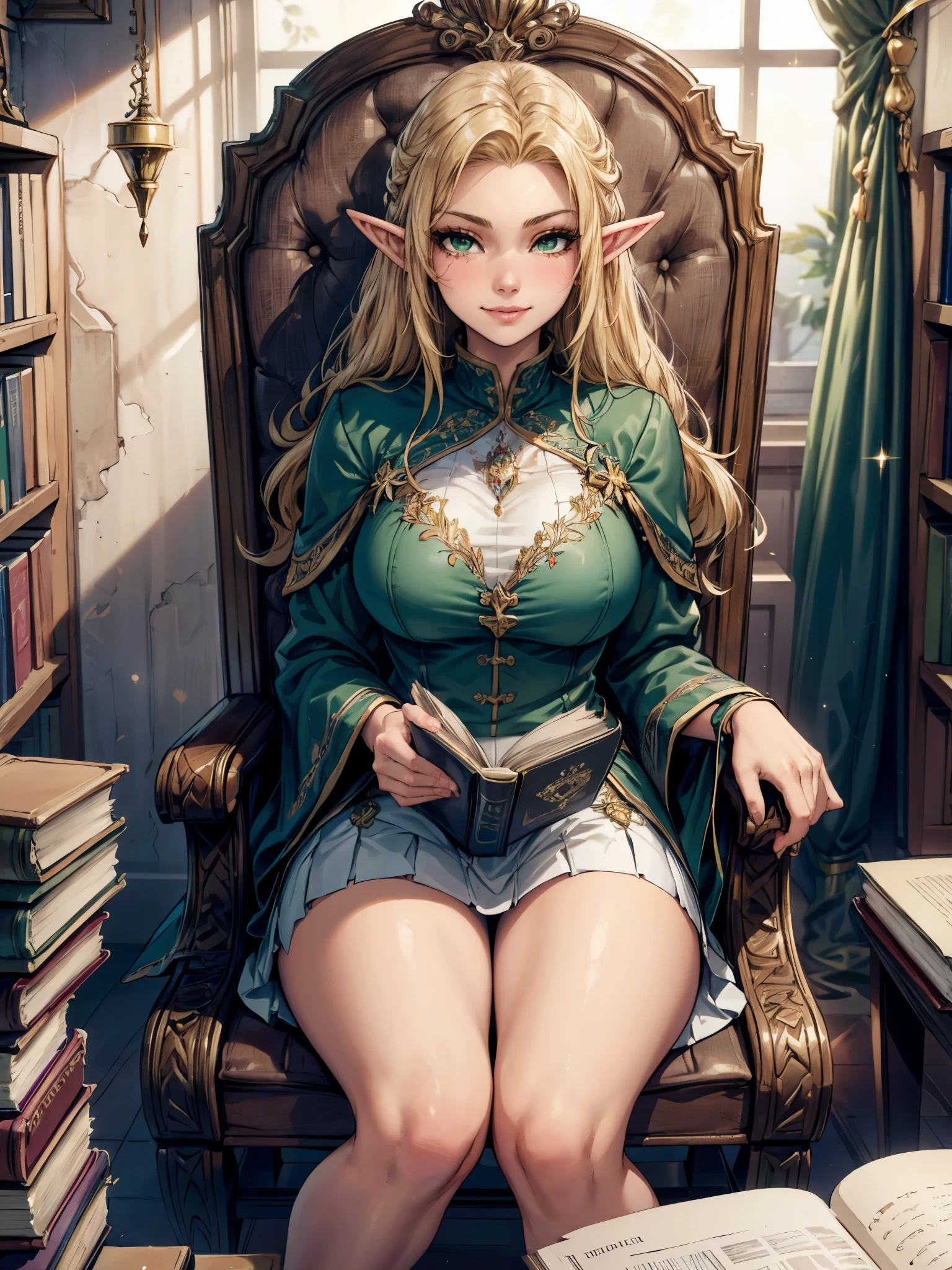 (((Masterpiece, highest quality, high definition, high detail)))), one, ((fantasy)))), (elf woman)))), (white short skirt with gold embroidery), (blonde long straight hair), (glossy dark green eyes), (green surcoat with gold embroidery), big, (((National Library of the royal capital)), (A large space with a lot of books)), sit in a chair and read a book , Particles of light flying, smirk, sultry look, seductive, 