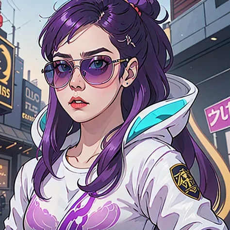🌺 wearing a purple outfit and sunglasses with a purple choke, trending on cgstation, artwork in the style of guweiz, inspired by...