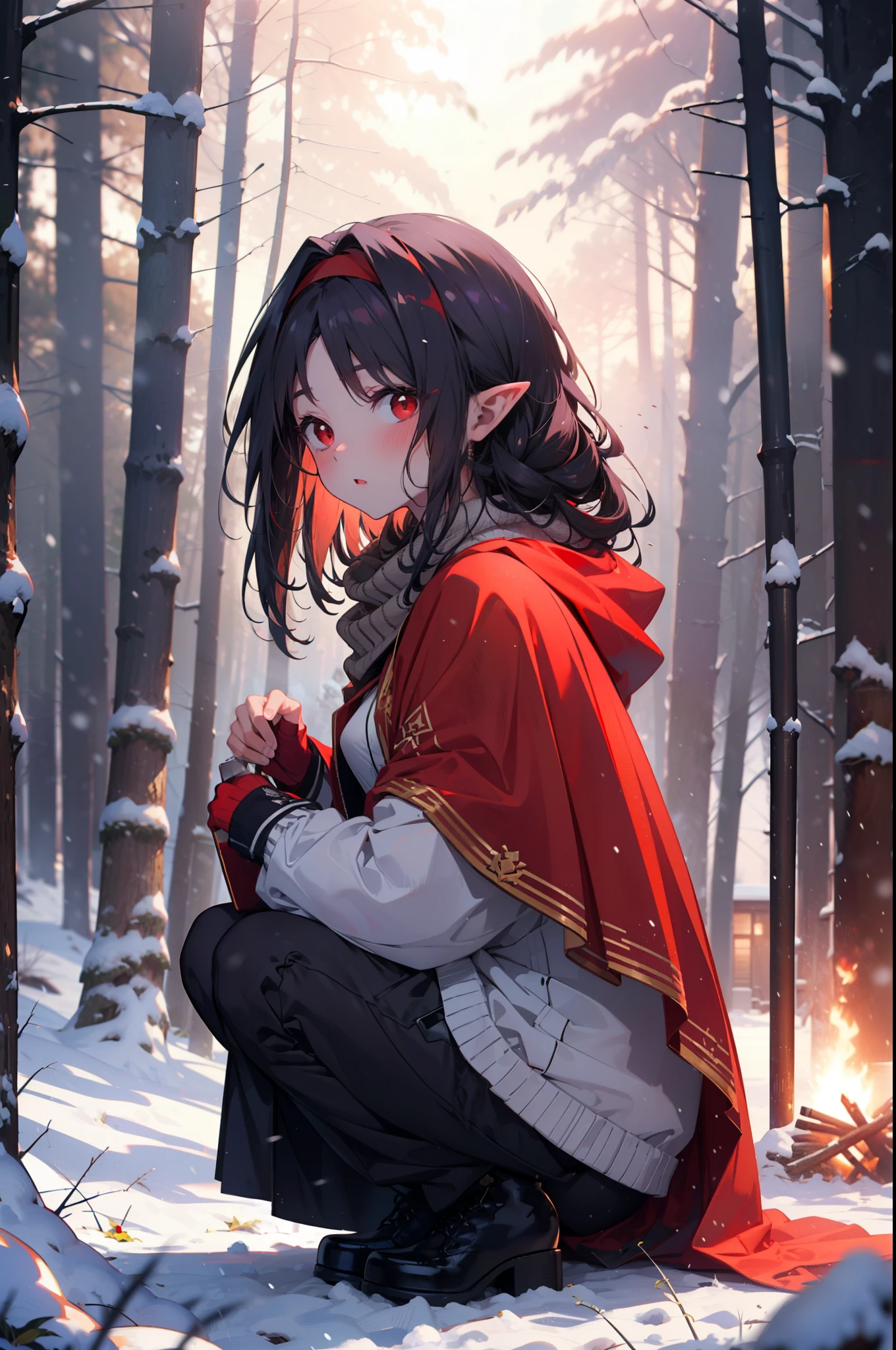 yuukikonno, Yuki Konno, hair band, Long Hair, Pointy Ears, Purple Hair, (Red eyes:1.5), (Small breasts:1.2),blush,White Breath, Open your mouth,snow, Bonfire, Outdoor, boots, snowing, From the side, wood, suitcase, Cape, Blurred, forest,  nature, Brown eyes, , Squat, Mouth closed, ,Cape, winter, Written boundary depth, Black shoes, red Cape
break looking at viewer, Upper Body, whole body,
break Outdoor, forest, nature,
break (masterpiece:1.2), highest quality, High resolution, unity 8k wallpaper, (shape:0.8), (Fine and beautiful eyes:1.6), Highly detailed face, Perfect lighting, Highly detailed CG, (Perfect hands, Perfect Anatomy),
