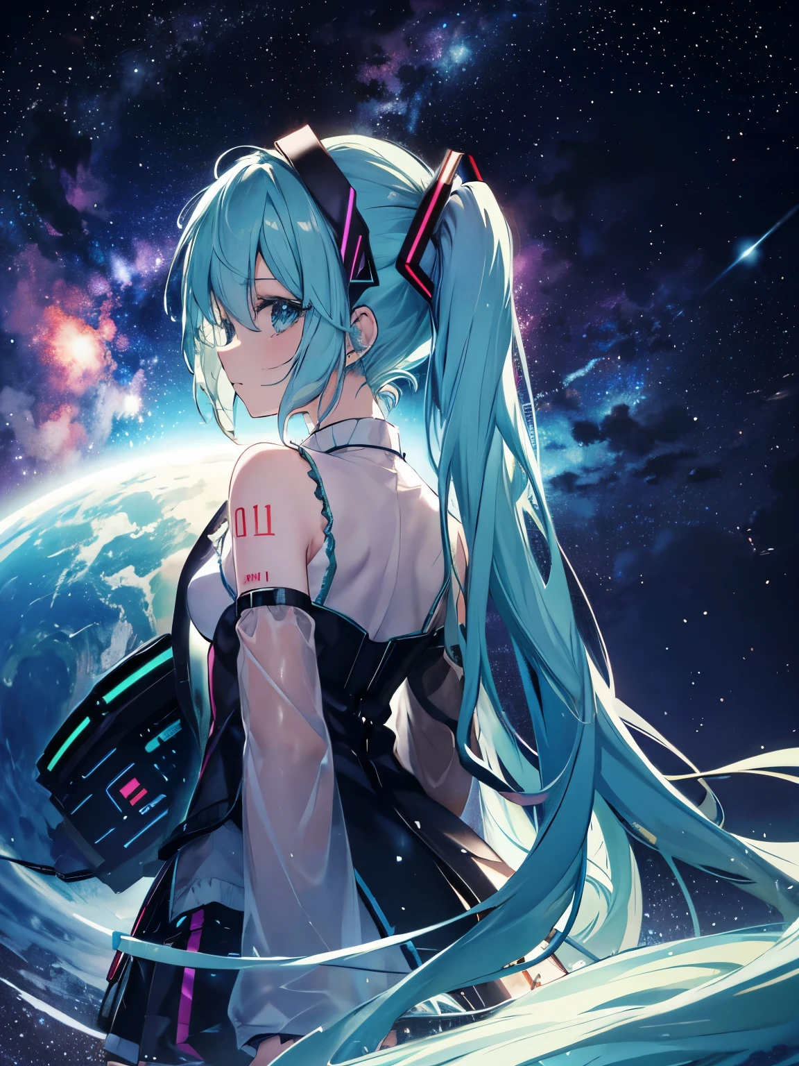 Miku Hatsune,alta definicion, paisaje galáctico, 