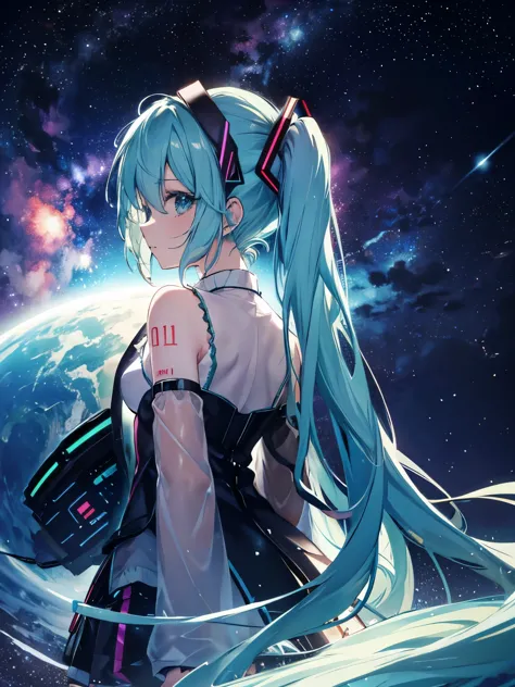 miku hatsune,alta definicion, galaxy landscape,