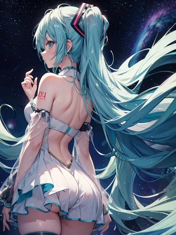 miku hatsune,高解像度, 銀河の風景, 官能的な背中のポーズ 