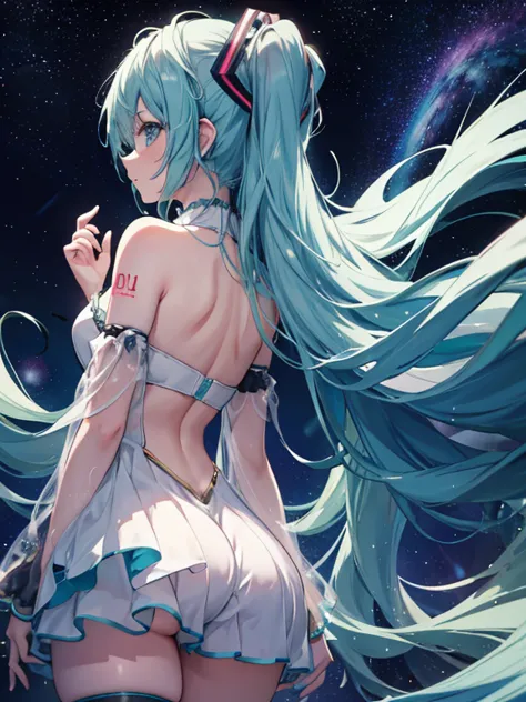 miku hatsune,alta definicion, galaxy landscape, sensual back pose