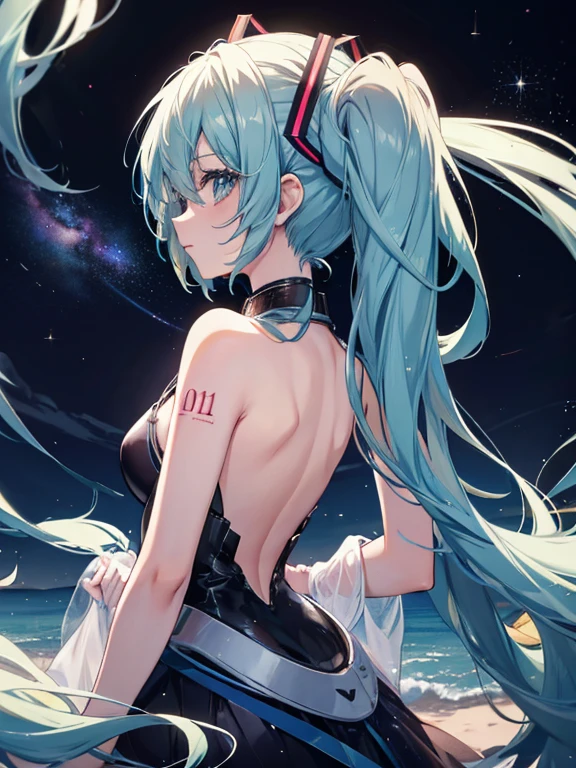 miku hatsune,高解像度, 銀河の風景, 官能的な背中のポーズ 