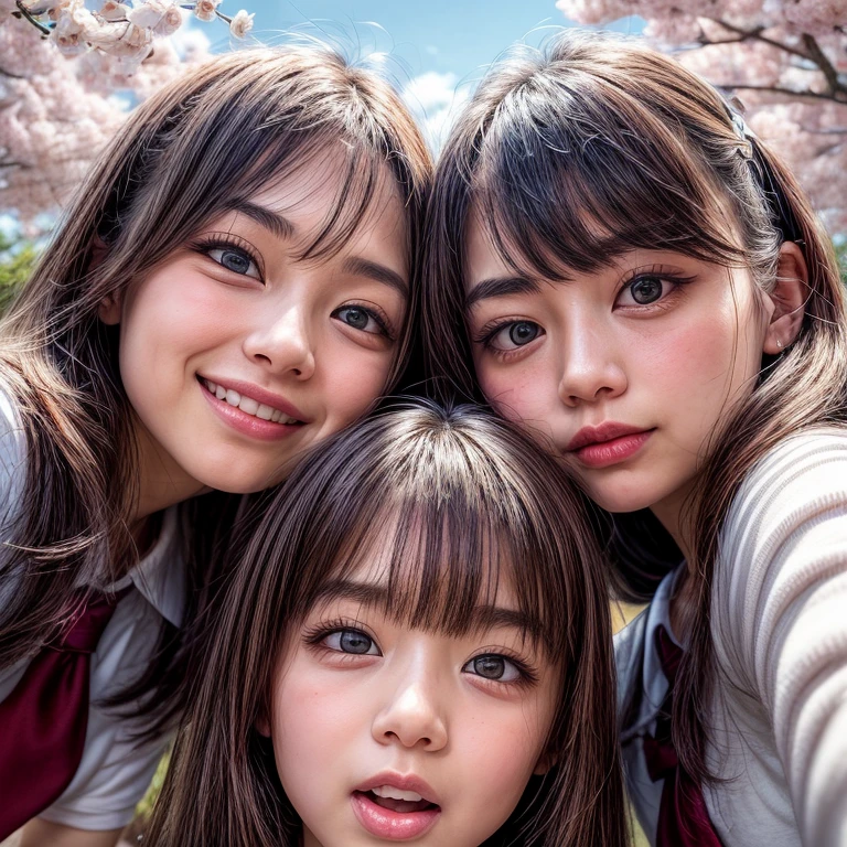 Best_Quality, (masterpiece:1.2) of Hi-Res photo, (realistic and photorealistic with touch of rawness:1.37), (group photo:1.6), (((SchoolGirls Surrounding the camera in Upward composition))), Panoramic, (Filled with many Faces), (NOGIZAKA face variations:1.4), { Looking down at the camera | (Kissing face to face) }, (((close:1.4, Face closeup from below:1.4))), (((Sky background)) with CherryBlossoms) . BREAK  Extremely Detailed KAWAII face variations, captivating gaze, elaborate detailed Eyes with (sparkling highlights:1.2), long eyelashes、Glossy RED Lips with beautiful details, Coquettish tongue, Rosy cheeks, Glistening ivory skin . { (Dynamic joyful expressions) | (:D) | (Kissing) | Tongue out }, { baby hair | Updos | OKAPPA }, Childish, SchoolUniform .